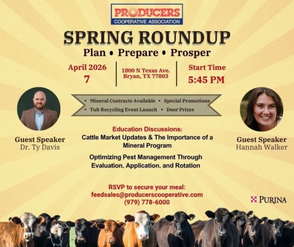 Spring Roundup Event in Bryan, Texas featuring cattle market updates, producer education, and guest speakers